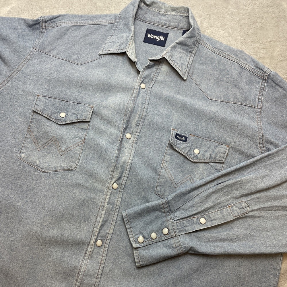 Vintage Wrangler Mens Denim Western Shirt Size 18.5x37 Blue Pearl Snap Cowboy